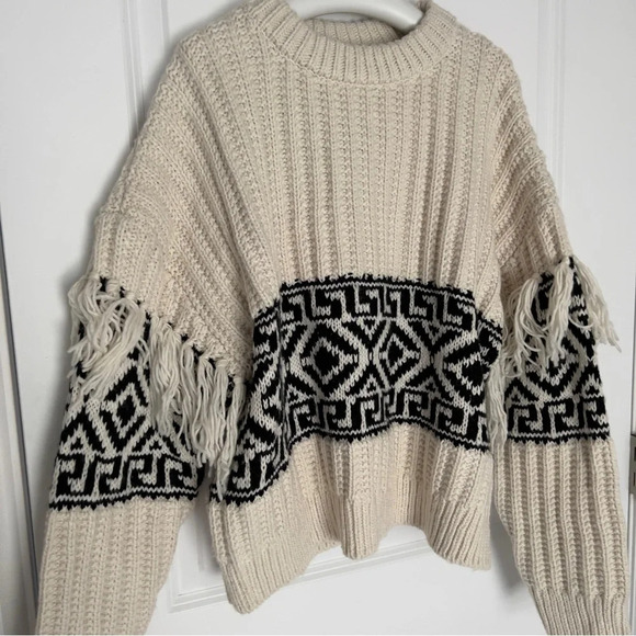 H&M White Black Wool Mix Fringe Trimmed Jacquard  Knit Jumper size L - Picture 4 of 7